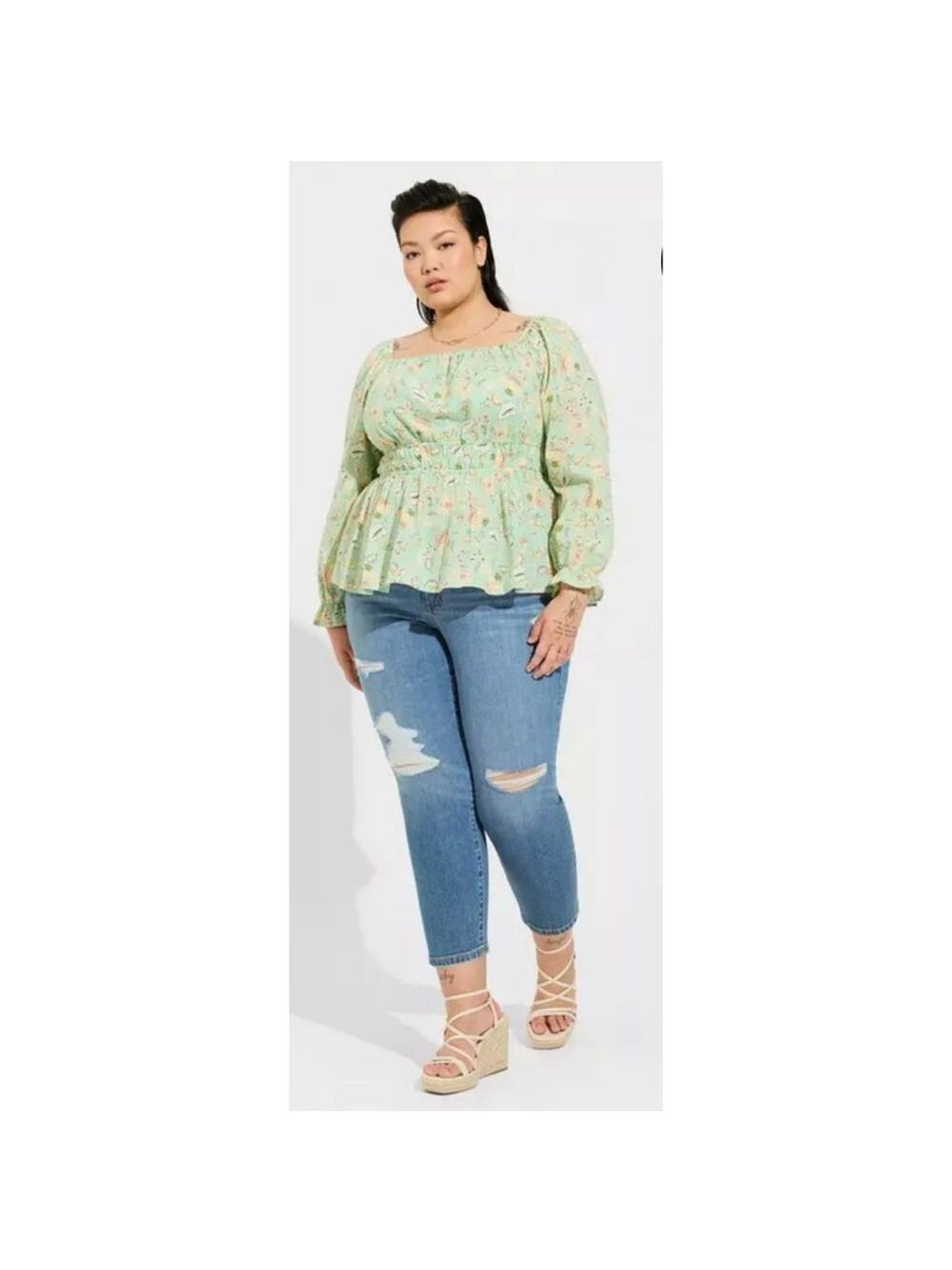 Women's Torrid Cotton Clip Dot Blouson Sleeve Smocked Floral Top, 2X